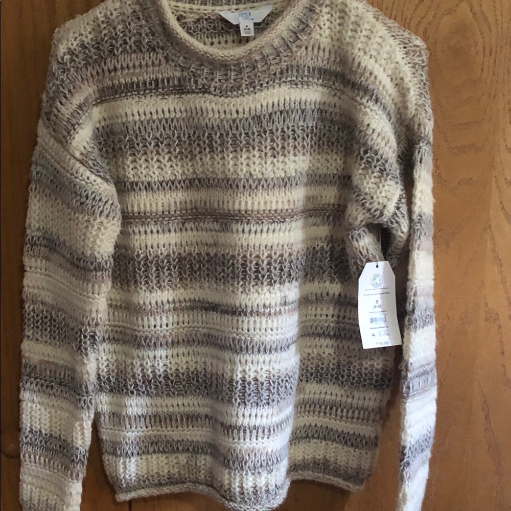 Time and Tru Cream and Brown Striped Crewneck Sweater